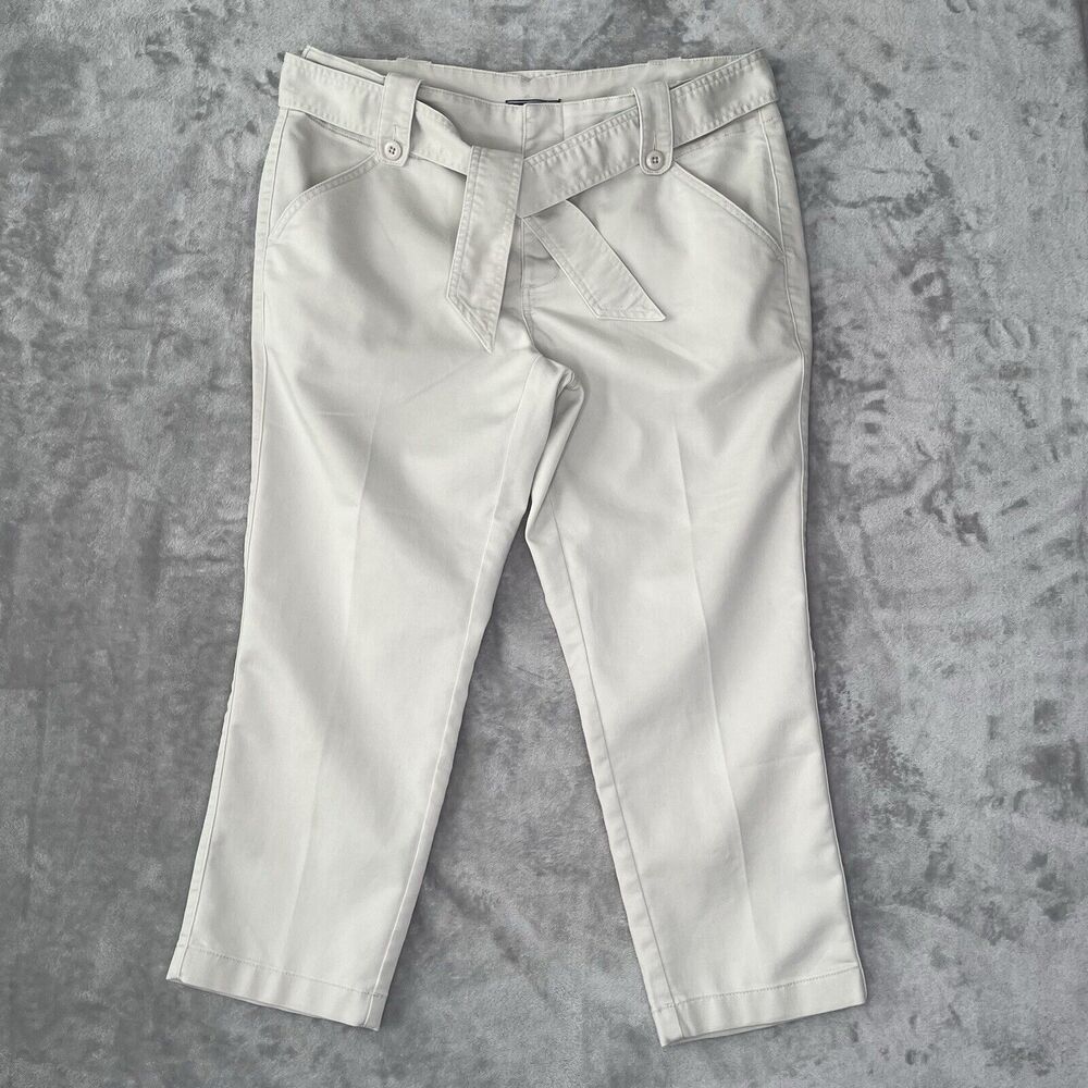 Lands' End Khaki Pants Women's 14P Mid Rise Straight Leg Belted 14 Petite Beige